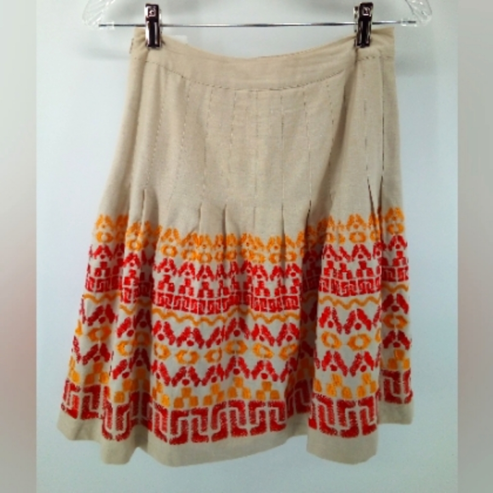 Peter Nygard Petites Boho Embroidered Linen Cotton Red Tan Orange Pleated Skirt